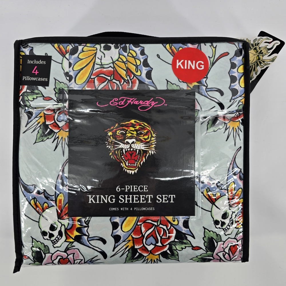 Ed Hardy King Size Sheet Set 6-Piece Edgy Tattoo Skull‎ Butterfly Print Blue New